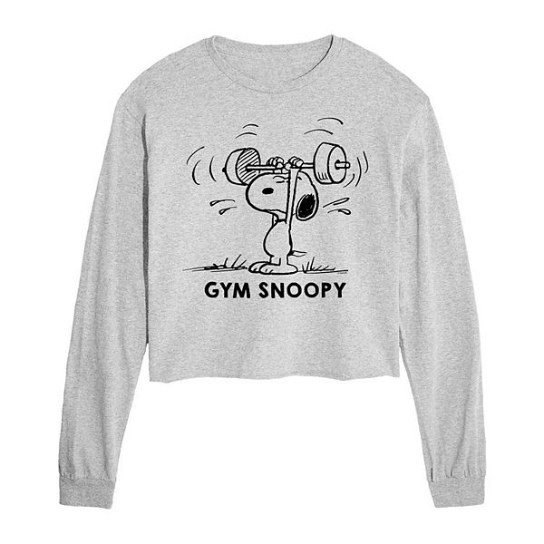 Juniors' Peanuts Gym Snoopy Cropped Long Sleeve Tee