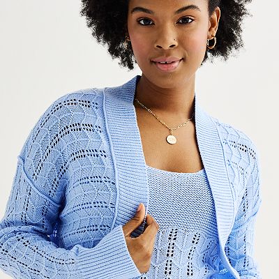 Juniors SO Long Sleeve Pointelle Shrug Sweater