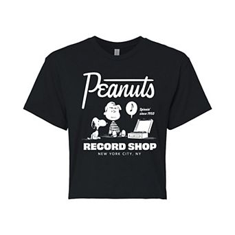 Juniors' Peanuts Record Shop Cropped Tee