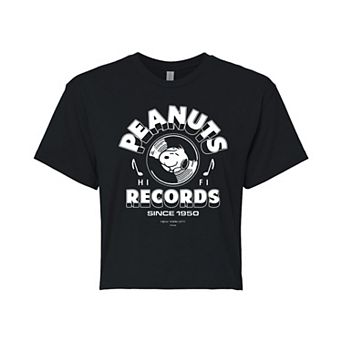 Juniors' Peanuts Records Snoopy Vinyl Cropped Tee