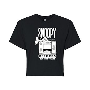 Juniors' Peanuts Snoopy Records Cropped Tee
