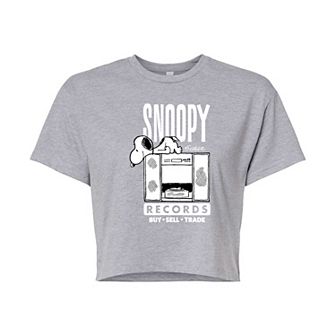 Juniors' Peanuts Snoopy Records Cropped Tee
