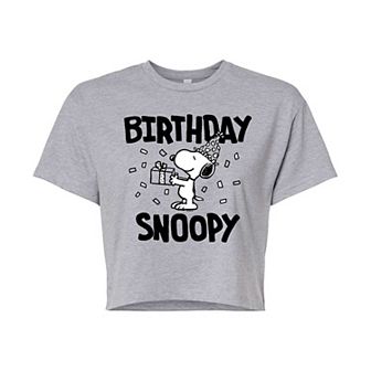 Juniors' Peanuts Birthday Snoopy Cropped Tee