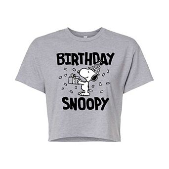 Juniors' Peanuts Birthday Snoopy Cropped Tee