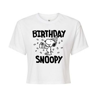 Juniors' Peanuts Birthday Snoopy Cropped Tee