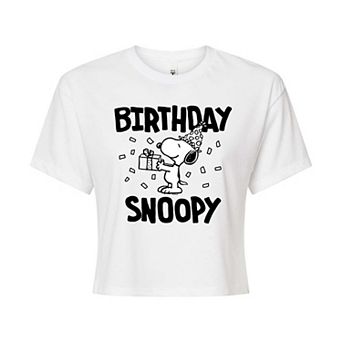 Juniors' Peanuts Birthday Snoopy Cropped Tee