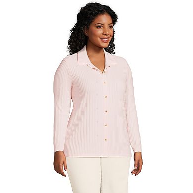 Plus Size Lands' End Long Sleeve Wide Rib Button Front Polo Shirt