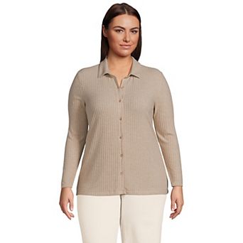 Plus Size Lands' End Long Sleeve Wide Rib Button Front Polo Shirt