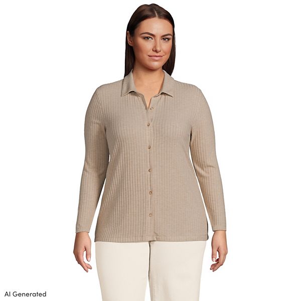 Plus Size Lands' End Long Sleeve Wide Rib Button Front Polo Shirt