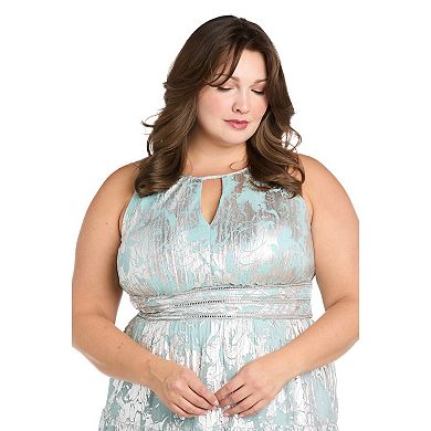 Plus Size R&M Richards Foil Print Pleated Mesh Tiered Halter Dress