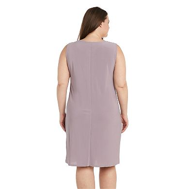 Plus Size R&M Richards 3-Piece Embroidered Sequin Lace Jacket & Jersey Dress with Detachable Necklace