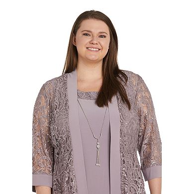 Plus Size R&M Richards 3-Piece Embroidered Sequin Lace Jacket & Jersey Dress with Detachable Necklace