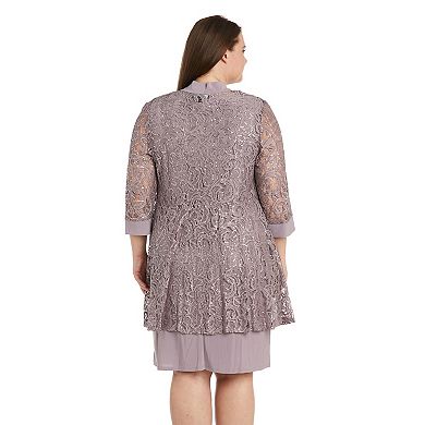 Plus Size R&M Richards 3-Piece Embroidered Sequin Lace Jacket & Jersey Dress with Detachable Necklace