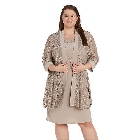 Женские платья R&M Plus Size R&M Richards 3 pc Embroidered Sequin Lace Jacket & Jersey Dress with Detachable Necklace