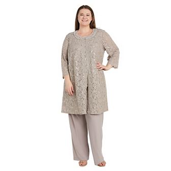 Plus Size R&M Richards 3 pc Duster Pant Set with Scallop Edge Jacket Lace Tank Top & Jersey Pant