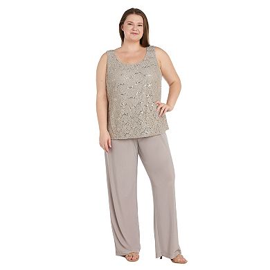 Plus Size R&M Richards 3-pc. Duster Pant Set with Scallop Edge Jacket Lace Tank Top & Jersey Pant