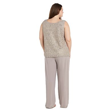 Plus Size R&M Richards 3-pc. Duster Pant Set with Scallop Edge Jacket Lace Tank Top & Jersey Pant