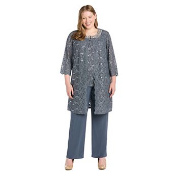 Plus Size R&M Richards 3 pc Duster Pant Set with Scallop Edge Jacket Lace Tank Top & Jersey Pant