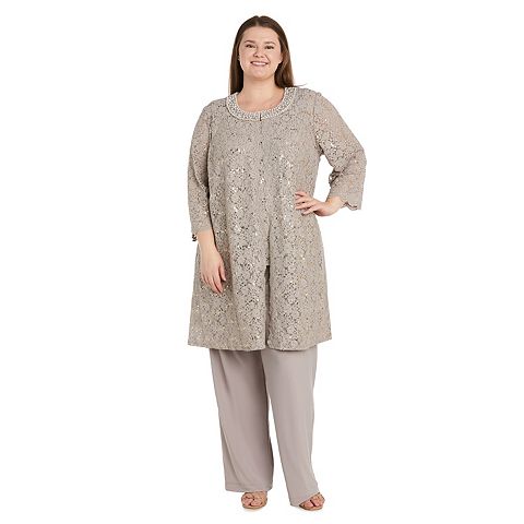 Женские платья R&M Plus Size R&M Richards 3 pc Duster Pant Set with Scallop Edge Jacket Lace Tank Top & Jersey Pant