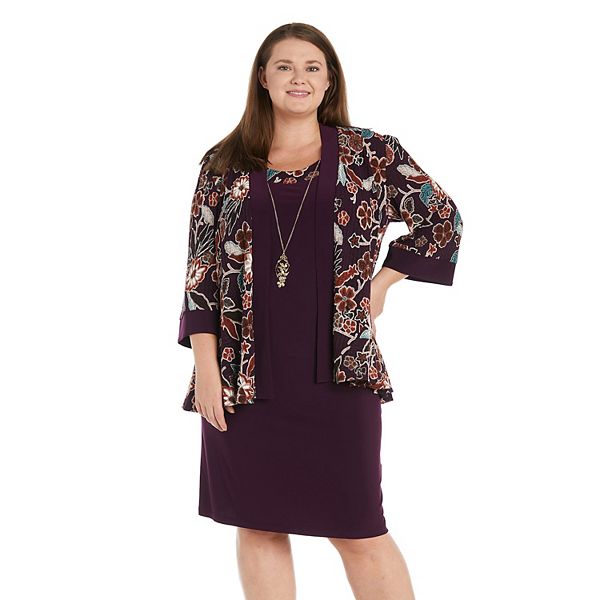 Plus Size R&M Richards 3-Piece Printed Rib Knit Jacket & Dress with ...