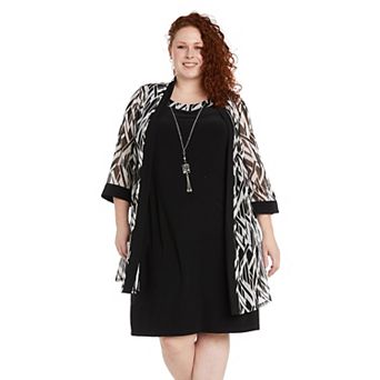 Plus Size R&M Richards 3 pc Puff Print Mesh Jacket & Jersey Swing Dress with Detachable Necklace