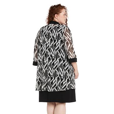 Plus Size R&M Richards 3-Piece Puff Print Mesh Jacket & Jersey Swing Dress with Detachable Necklace