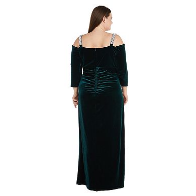 Plus Size R&M Richards Long Stretch Velvet Dress with Off The Shoulder Detail & Rhinestone Straps