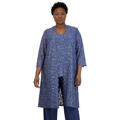 Plus Size R&M Richards 3-Piece Scallop Lace Duster & Pant Set