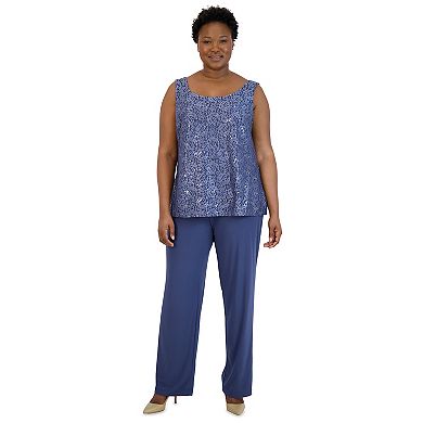 Plus Size R&M Richards 3-Piece Scallop Lace Duster & Pant Set