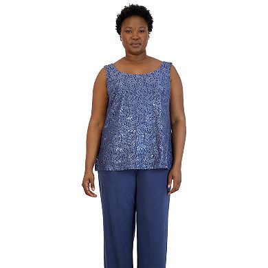 Plus Size R&M Richards 3-Piece Scallop Lace Duster & Pant Set