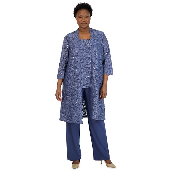 Plus Size R&M Richards 3-Piece Scallop Lace Duster & Pant Set