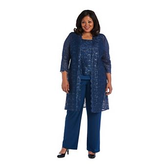 Plus Size R&M Richards 3 pc Scallop Lace Duster & Pant Set