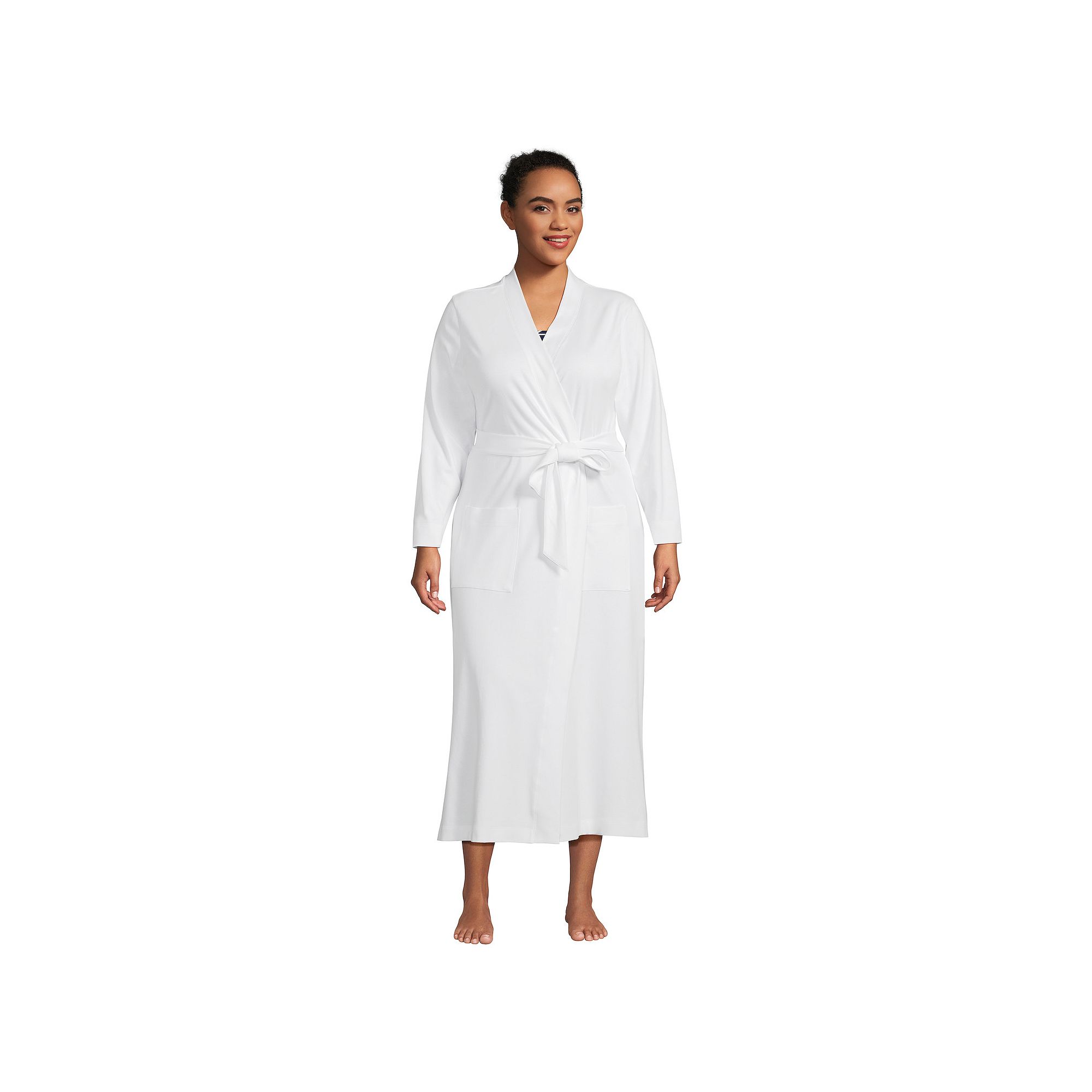 Plus Size Lands End Womens Cotton Long Sleeve Midcalf Robe, Size: 1XL, Wh