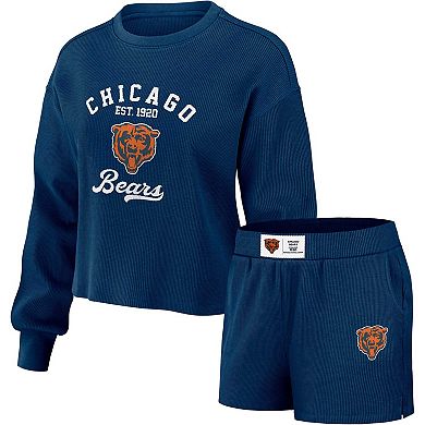 Women's WEAR by Erin Andrews Navy Chicago Bears Waffle Knit Long Sleeve T-Shirt & Shorts Lounge Set