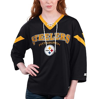 Women's Starter Black Pittsburgh Steelers Rally Lace-Up 3/4 Sleeve T-Shirt