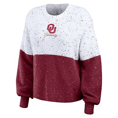 Women's WEAR by Erin Andrews White/Crimson Oklahoma Sooners Colorblock Script Pullover Sweater