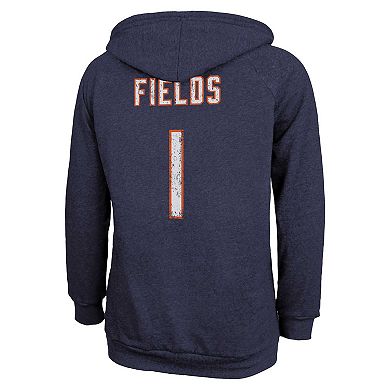 Women's Majestic Threads Justin Fields Navy Chicago Bears Name & Number Tri-Blend Pullover Hoodie