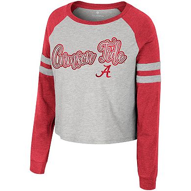 Women's Colosseum Heather Gray Alabama Crimson Tide I'm Gliding Here Raglan Long Sleeve Cropped T-Shirt