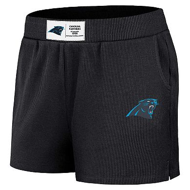 Women's WEAR by Erin Andrews Black Carolina Panthers Waffle Knit Long Sleeve T-Shirt & Shorts Lounge Set
