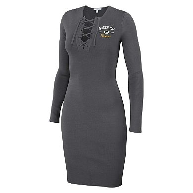 Women's WEAR by Erin Andrews Charcoal Green Bay Packers Lace Up Long Sleeve Dress