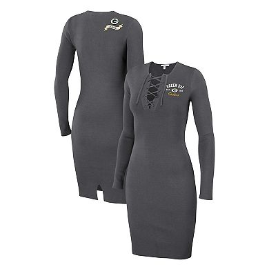 Women's WEAR by Erin Andrews Charcoal Green Bay Packers Lace Up Long Sleeve Dress
