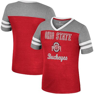 Girls Youth Colosseum Scarlet/Heather Gray Ohio State Buckeyes Summer Striped V-Neck T-Shirt