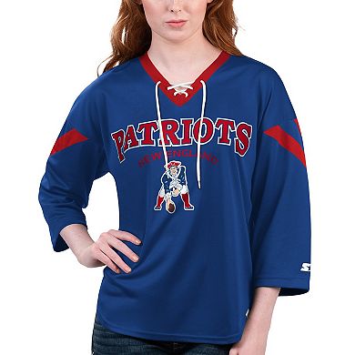 Women's Starter Royal New England Patriots Rally Lace-Up 3/4 Sleeve T-Shirt