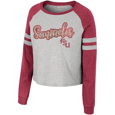 Women's Colosseum Heather Gray Florida State Seminoles I'm Gliding Here Raglan Long Sleeve Cropped T-Shirt