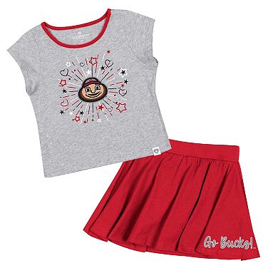 Girls Toddler Colosseum Heather Gray/Scarlet Ohio State Buckeyes Two-Piece Minds For Molding T-Shirt & Skirt Set