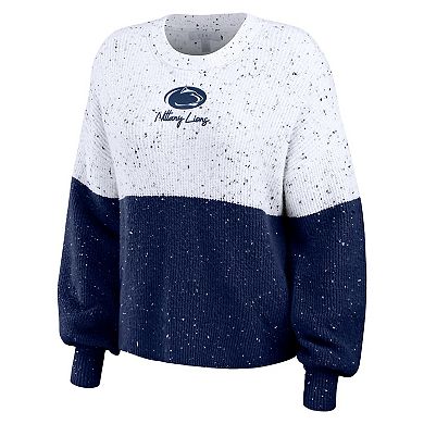 Women's WEAR by Erin Andrews White/Navy Penn State Nittany Lions Colorblock Script Pullover Sweater