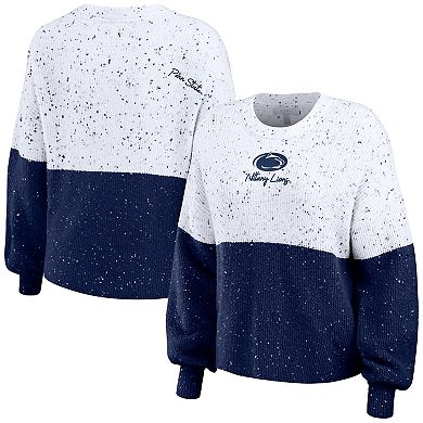 Women's WEAR by Erin Andrews White/Navy Penn State Nittany Lions Colorblock Script Pullover Sweater