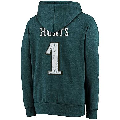 Men's Majestic Threads Jalen Hurts Midnight Green Philadelphia Eagles Name & Number Tri-Blend Pullover Hoodie