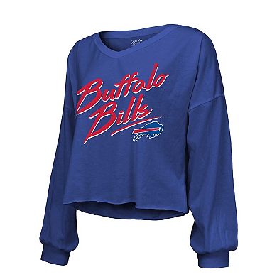 Women's Majestic Threads Josh Allen Royal Buffalo Bills Name & Number Off-Shoulder Script Cropped Long Sleeve V-Neck T-Shirt