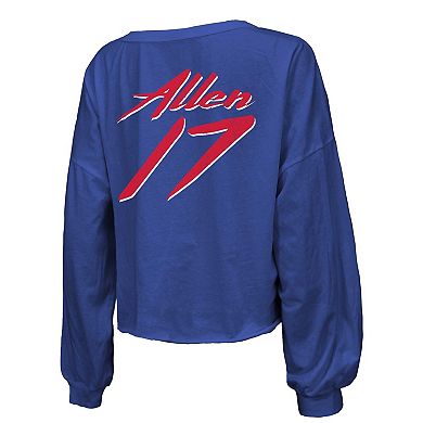 Women's Majestic Threads Josh Allen Royal Buffalo Bills Name & Number Off-Shoulder Script Cropped Long Sleeve V-Neck T-Shirt